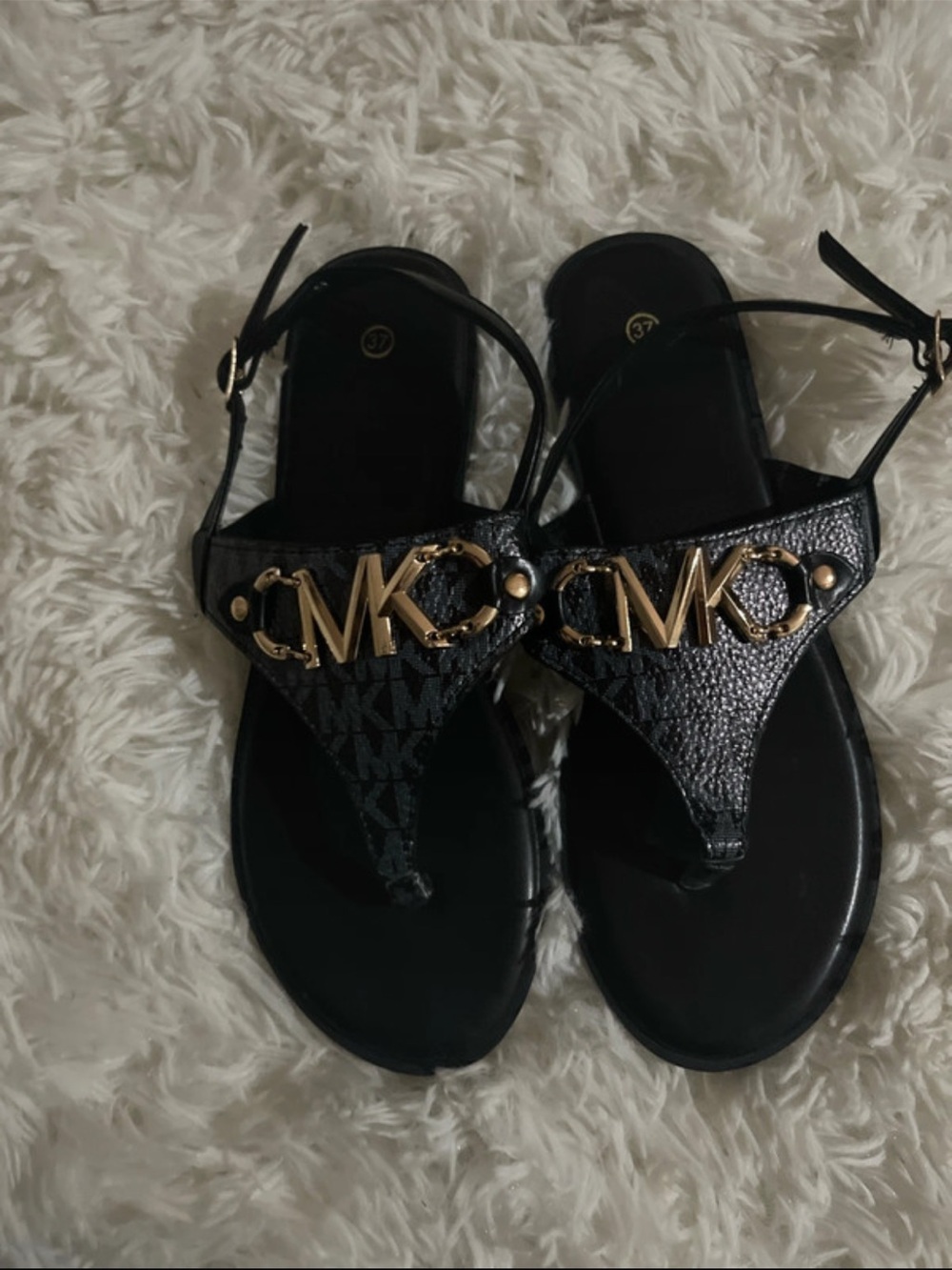 Michael Kors Black Logo Thong Sandals with Gold MK Emblem
